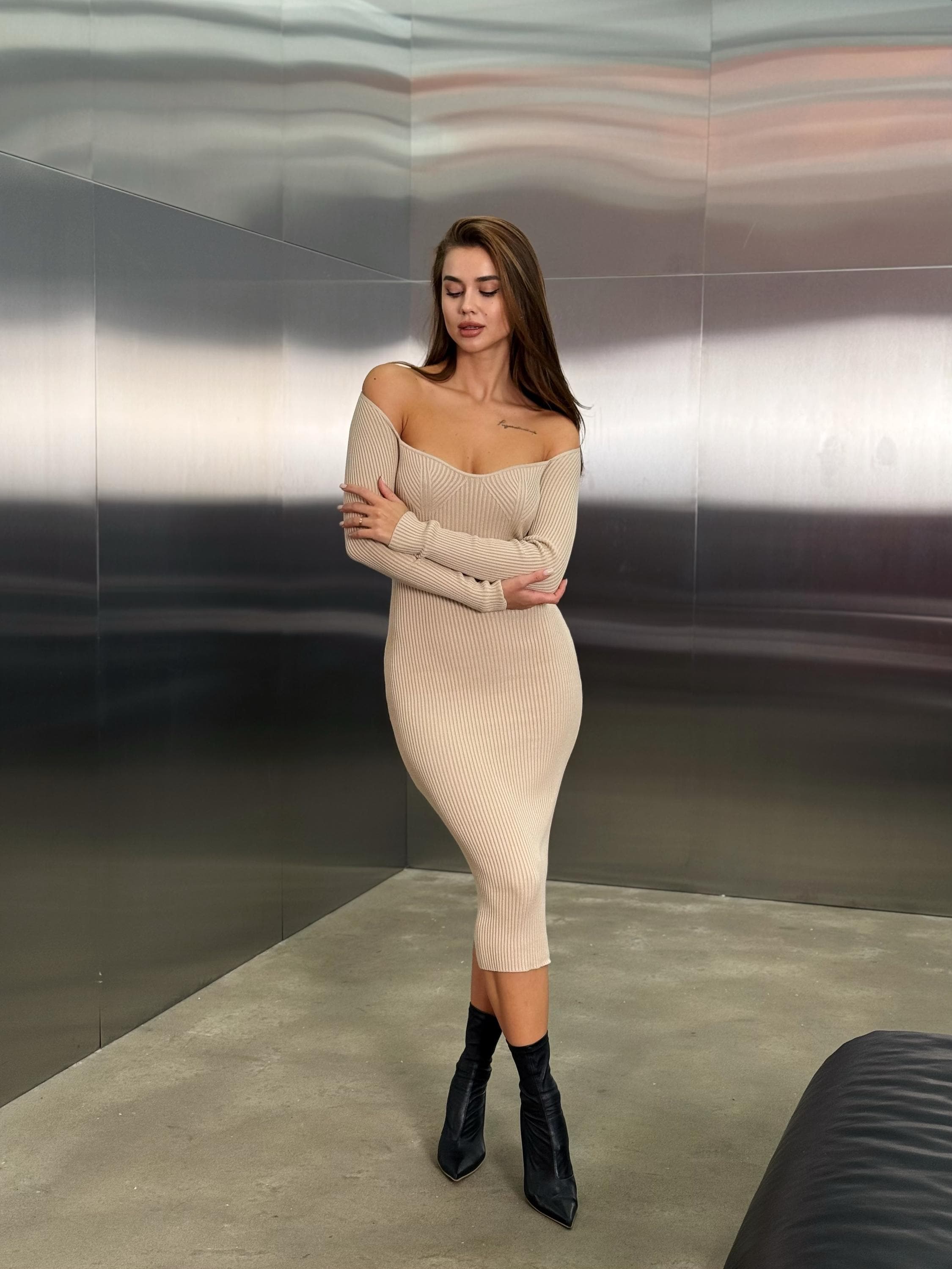 chinese dress ladies Off Track Black Bodycon Midi Dress With Sheer Sleeves – Club L London main image 1