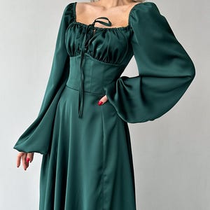 Emerald Green Silk Maxi Dress with side slit and bishop sleeves, Green Silk Elegant Dress with Long Sleeves, Modest Maxi Dress Womens