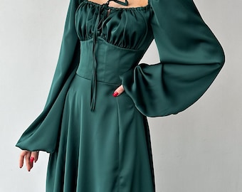 Emerald Green Silk Maxi Dress with side slit and bishop sleeves, Green Silk Elegant Dress with Long Sleeves, Modest Maxi Dress Womens