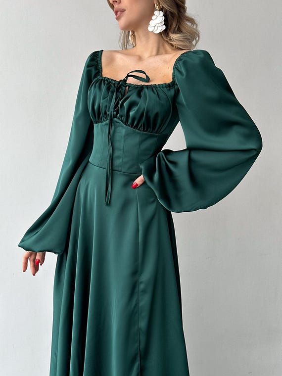Emerald Green Silk Maxi Dress with side slit and bishop sleeves, Green Silk  Elegant Dress with Long Sleeves, Modest Maxi Dress Womens
