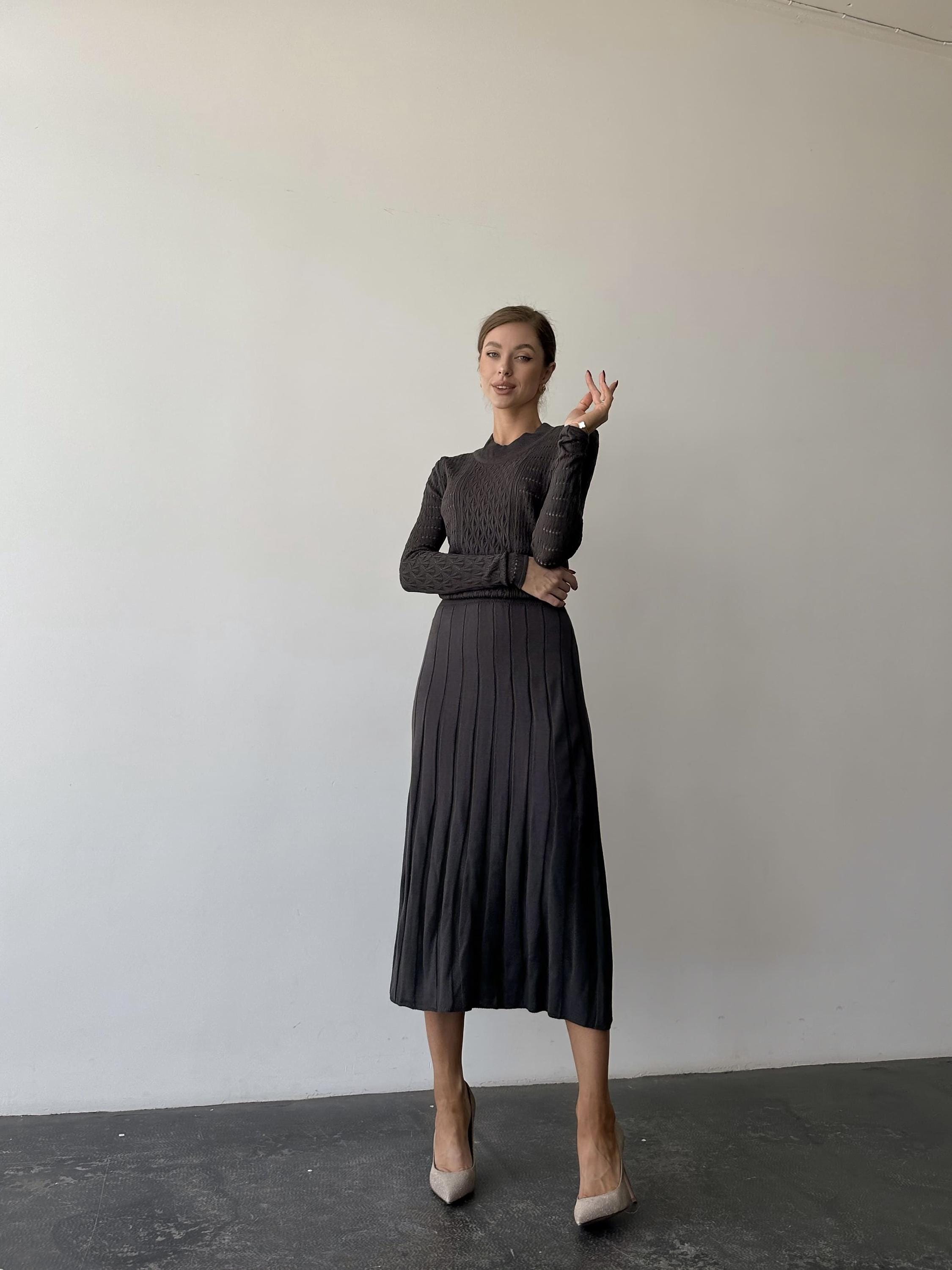 Dark Grey Openwork Knit Midi Dress with Cutout Bodice and Pleated Skirt Dark Grey Openwork Knit Midi Dress with Cutout Bodice and Pleated Skirt