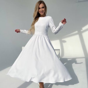 White Modest Midi Dress for Civil Wedding, Courthouse Wedding Midi Dress with Sleeves, White Midi Circle Skirt Dress for Women