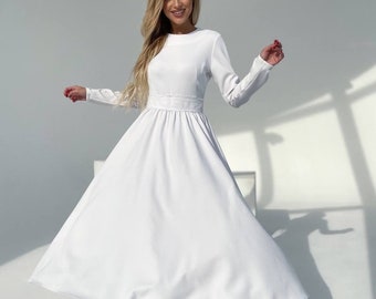 White Modest Midi Dress for Civil Wedding, Courthouse Wedding Midi Dress with Sleeves, White Midi Circle Skirt Dress for Women