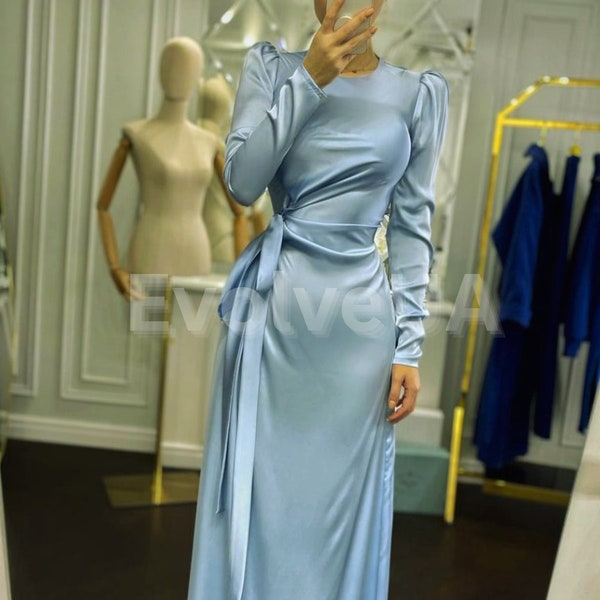 Robe longue en soie bleu clair, robe longue en soie bleue, robe en soie élégante à manches longues, robe modeste en soie