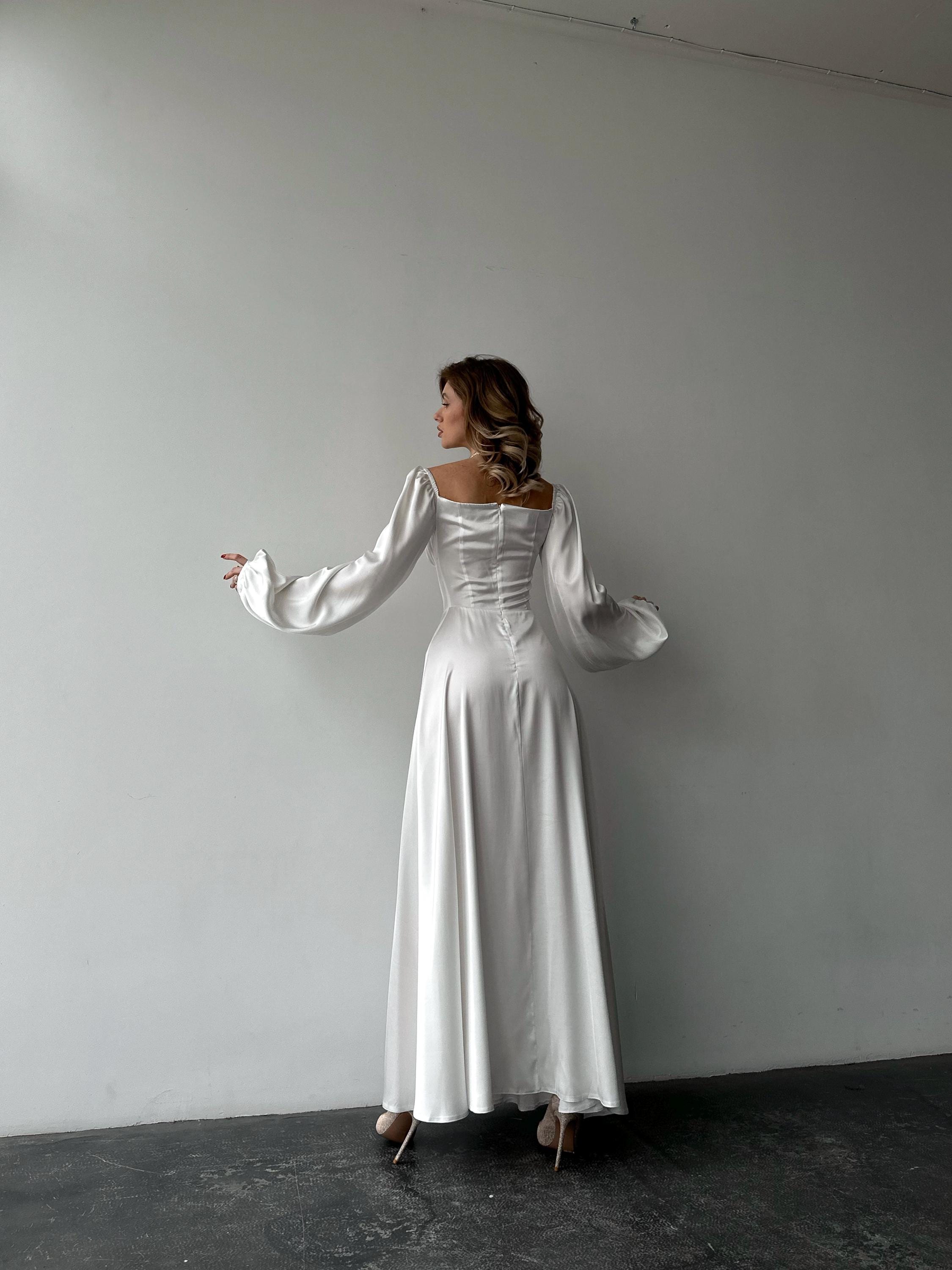 white dress with grey sleeves Satin Maxi Bishop and Side Slit casual white long dress