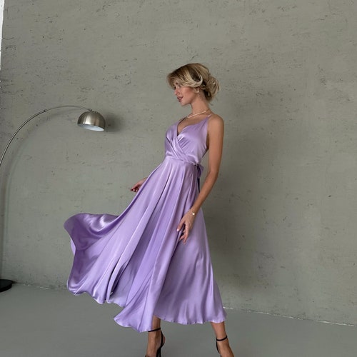 Lavender Silk Midi Sleeveless Dress Open Back for Special Occasions, Bridesmaids and Parties