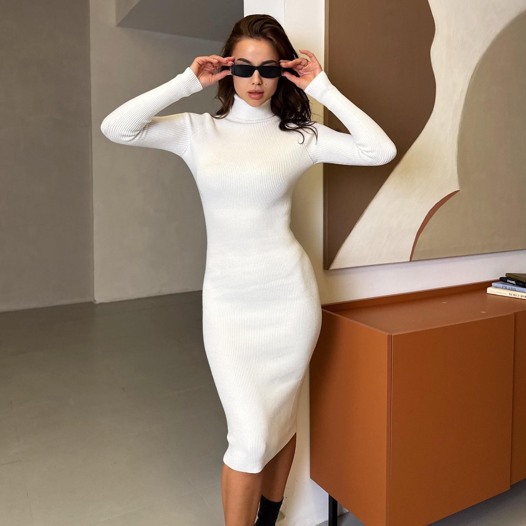 navy blue dress for baby girl White Rib Knit Midi Bodycon Dress High Neck for Winter