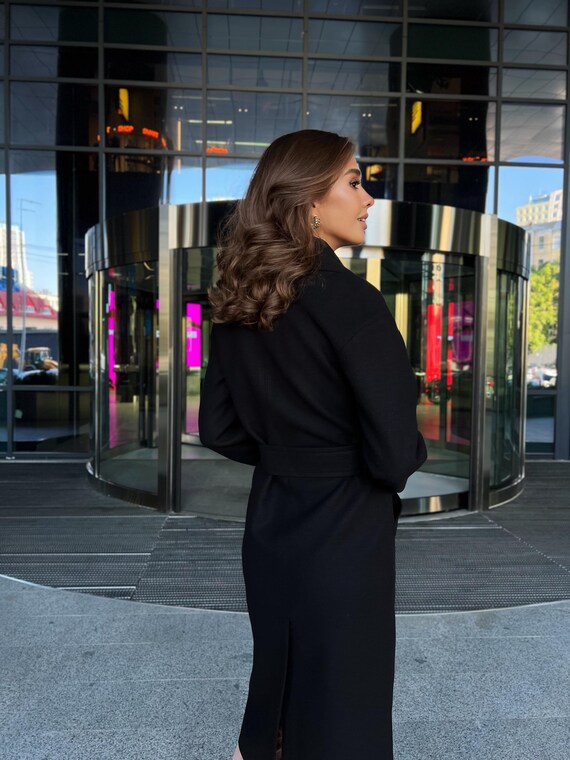 Black Wool Wrap Coat for Women, Fall and Spring Seasons, City