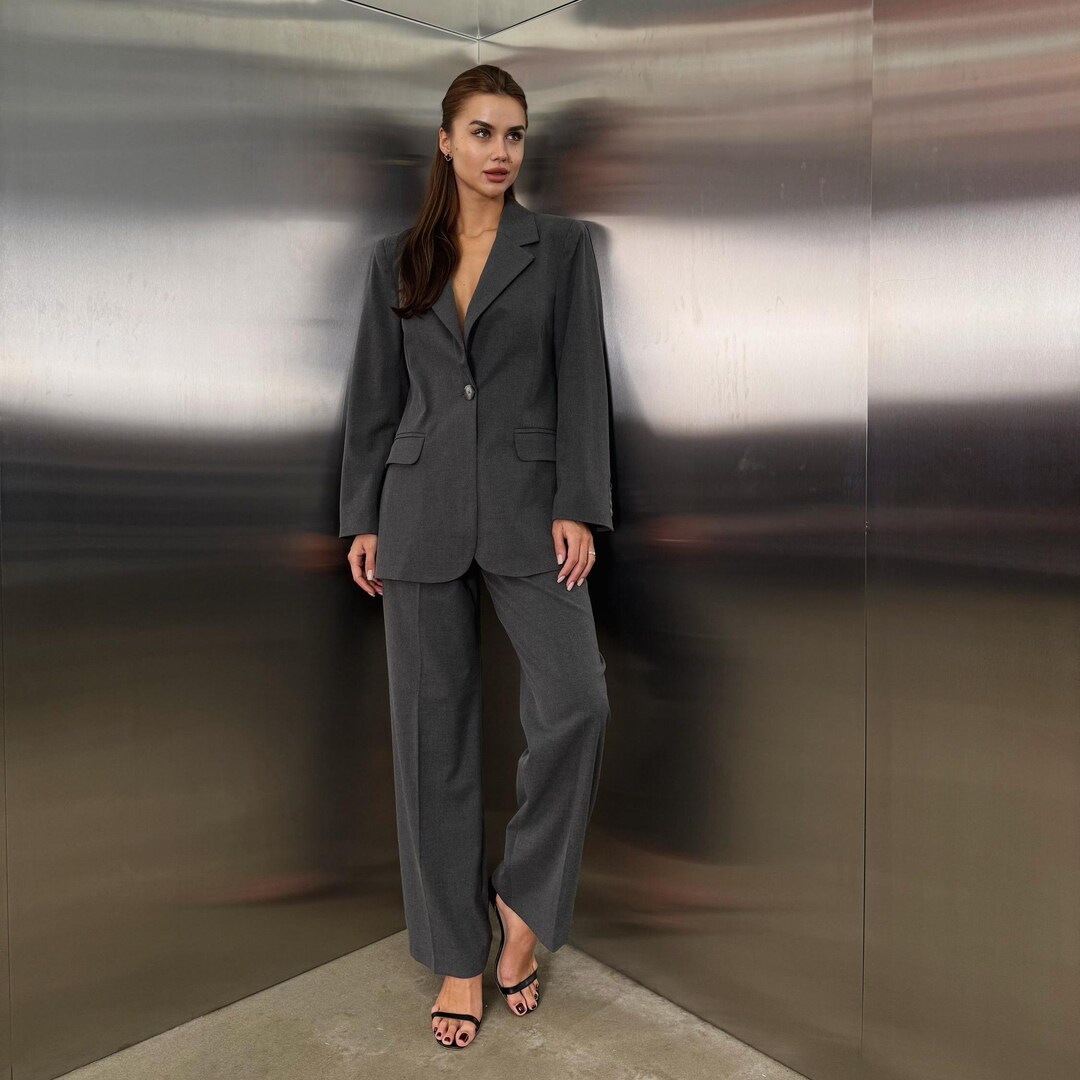 Women Dark Grey Shawl Collar Tailored Formal Pantsuit
