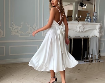 White Silk Midi Dress with Open back and Bow Tie for Elopement, Civil Wedding or Rehearsal Dinner, Silk V-neck Midi Dress for Women