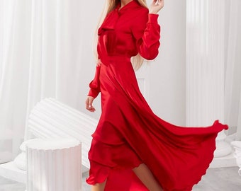 Red Silk Midi Dress, Silk Modest Dress for Women, Red Silk Long Dress with Long Sleeves, Modest Engagement Dress