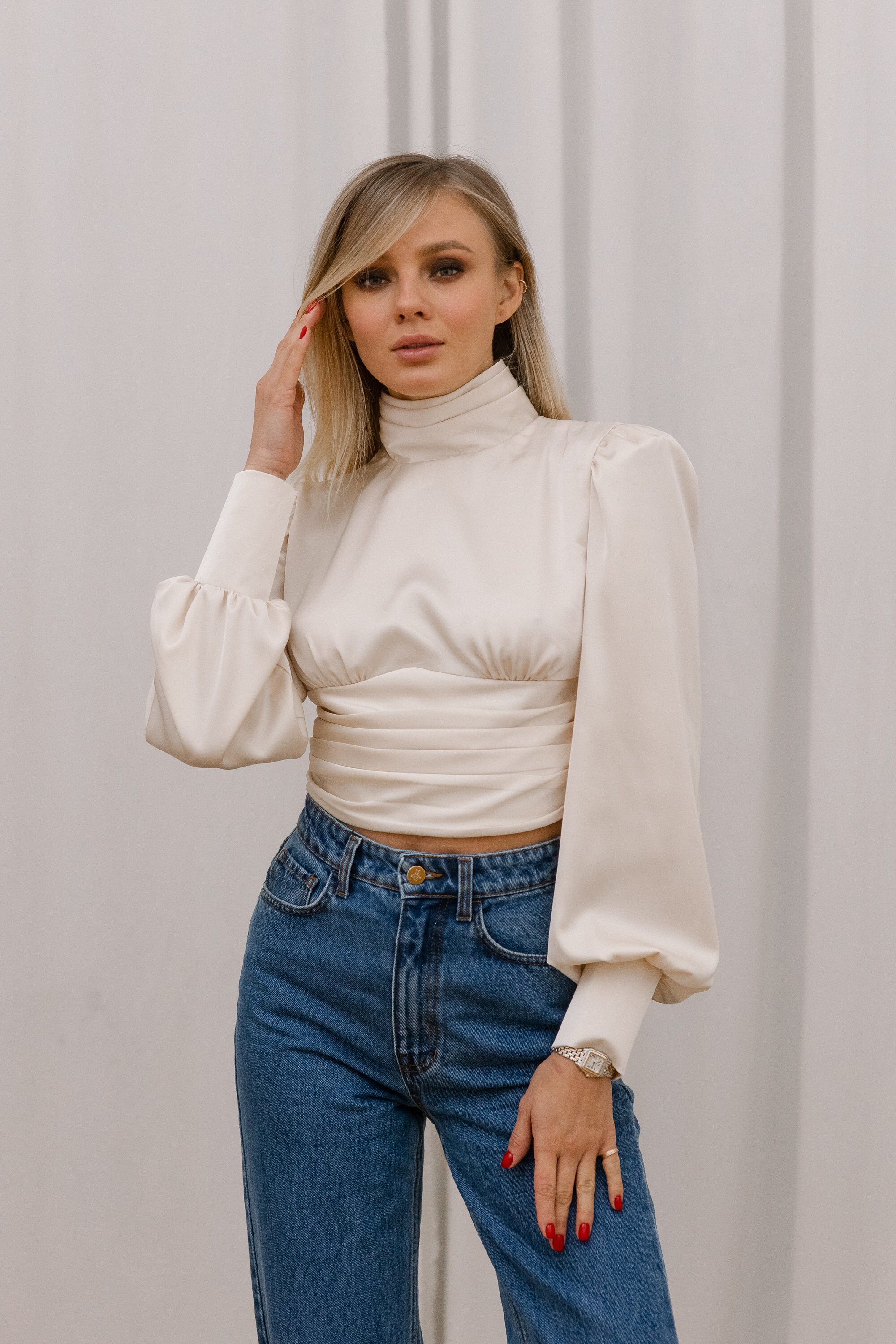 Ivory Open Back Satin Turtleneck Blouse Bishop Sleeve - Etsy Norway
