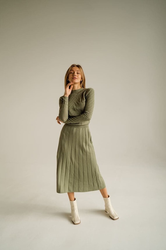 Olive Green Midi Hollow Out Dress With Pleated Skirt Modest Midi
