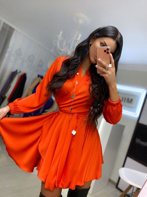 Orange Silk Dress With Long Sleeves 