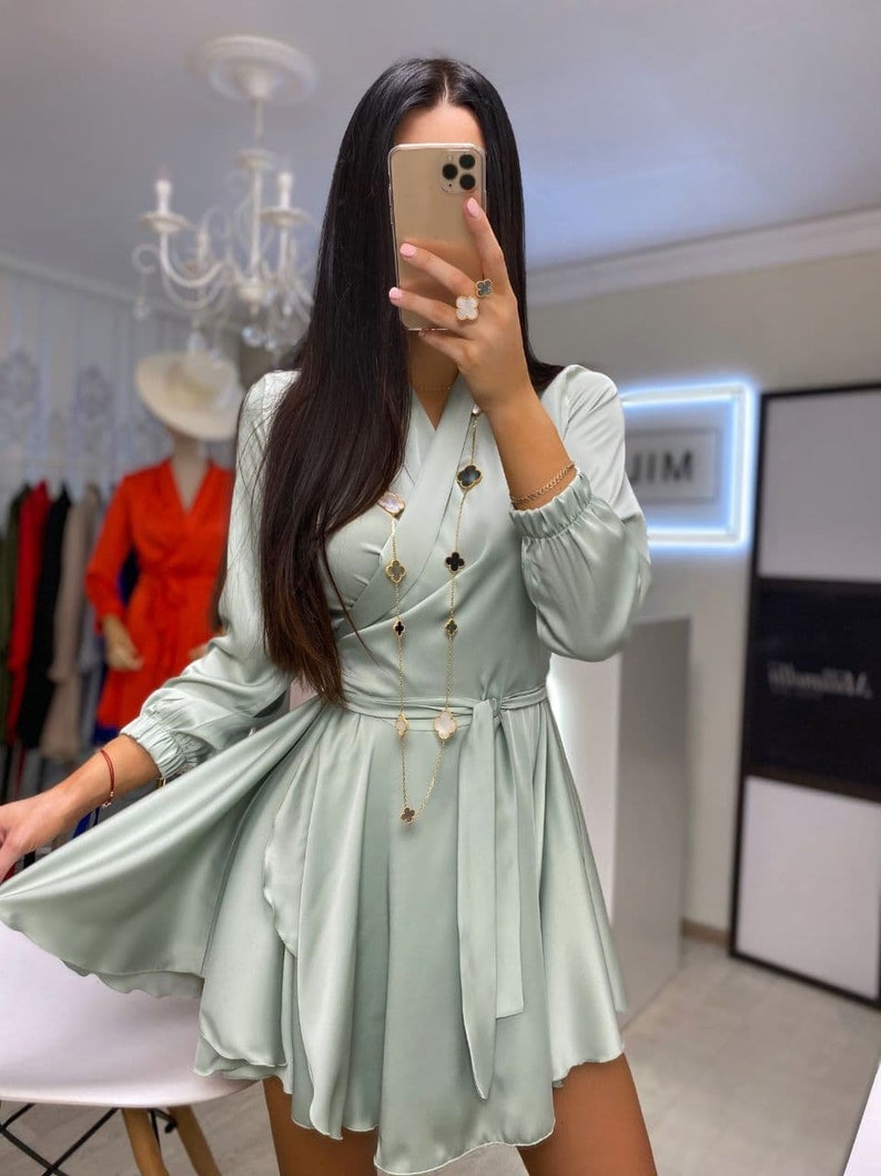 Silk Wrap Mini Dress Silk Mini Dress with Bracelet Sleeves image 5