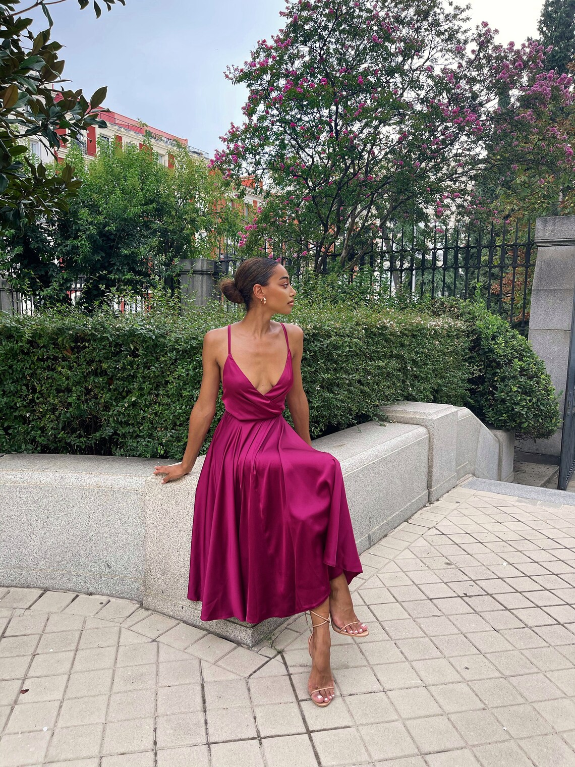 Fuchsia Silk Satin Midi Dress