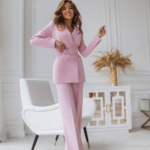Light Pink Blazer Trouser Suit Set for Women, Pink Pantsuit With ...