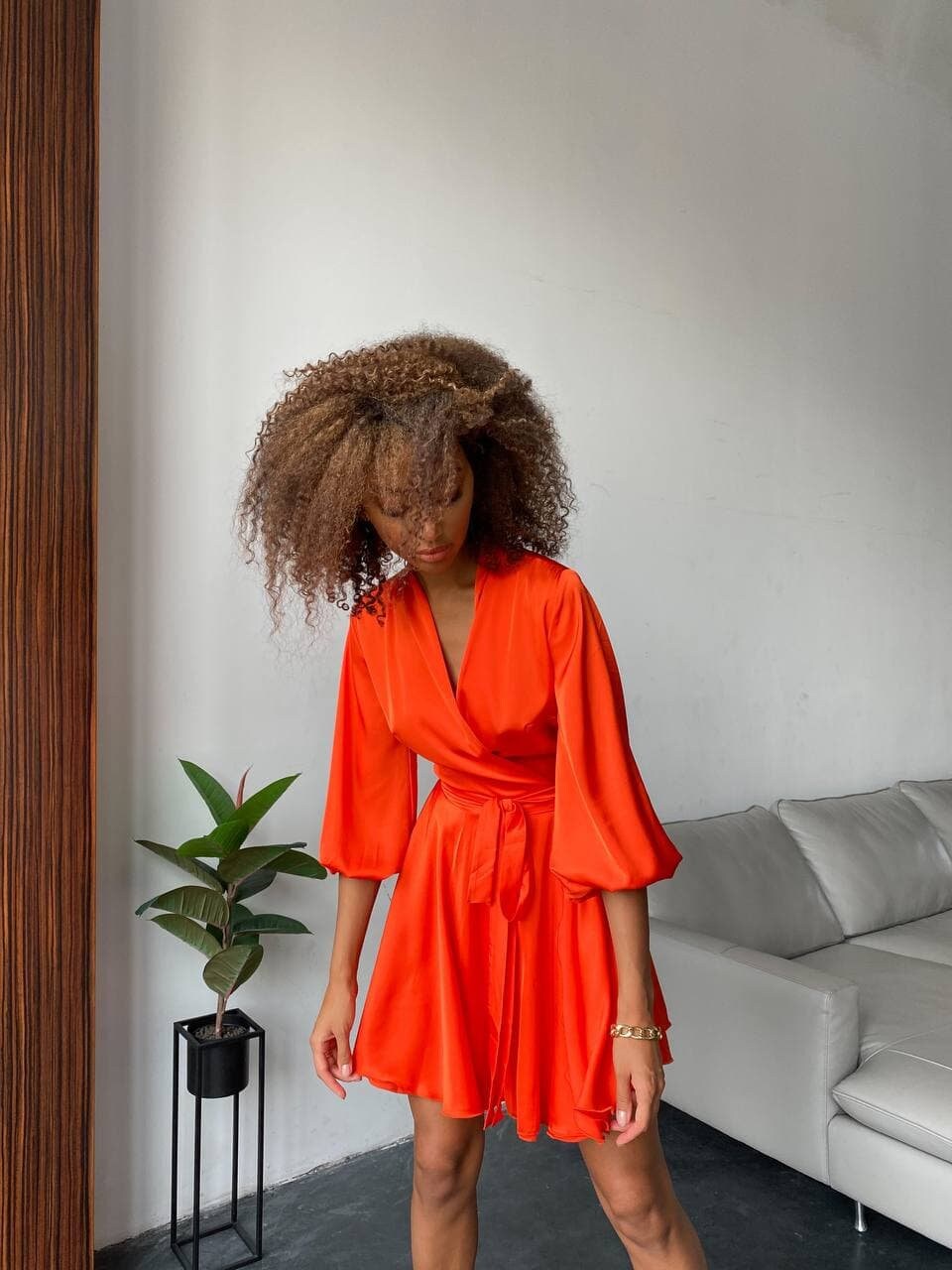 open lace back dress Orange Sherbet One Shoulder Wrap Mini Dress Orange / Medium