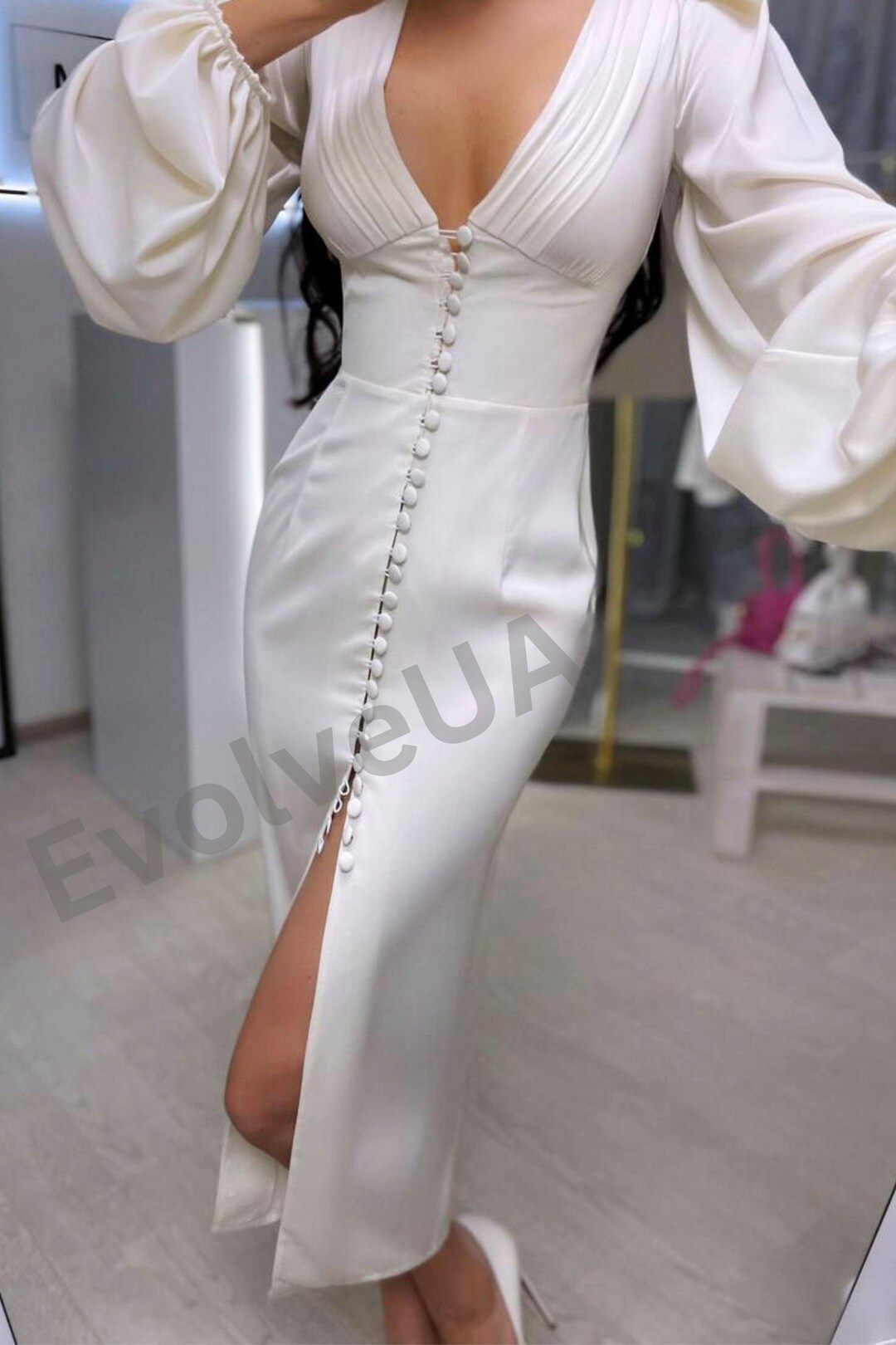 Cream White Satin Midi Bodycon Dress With Front Buttons and Cream White Satin Midi Bodycon Dress With Front Buttons and