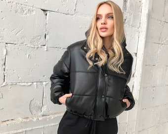 Black Leather Puffer Jacket for Women, Cropped Leather Jacket women, Leather Bomber Jacket Women, Black Crop Puffer Jacket