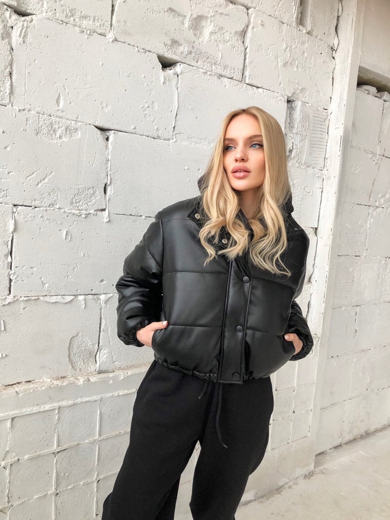 leather puffer jacket women's