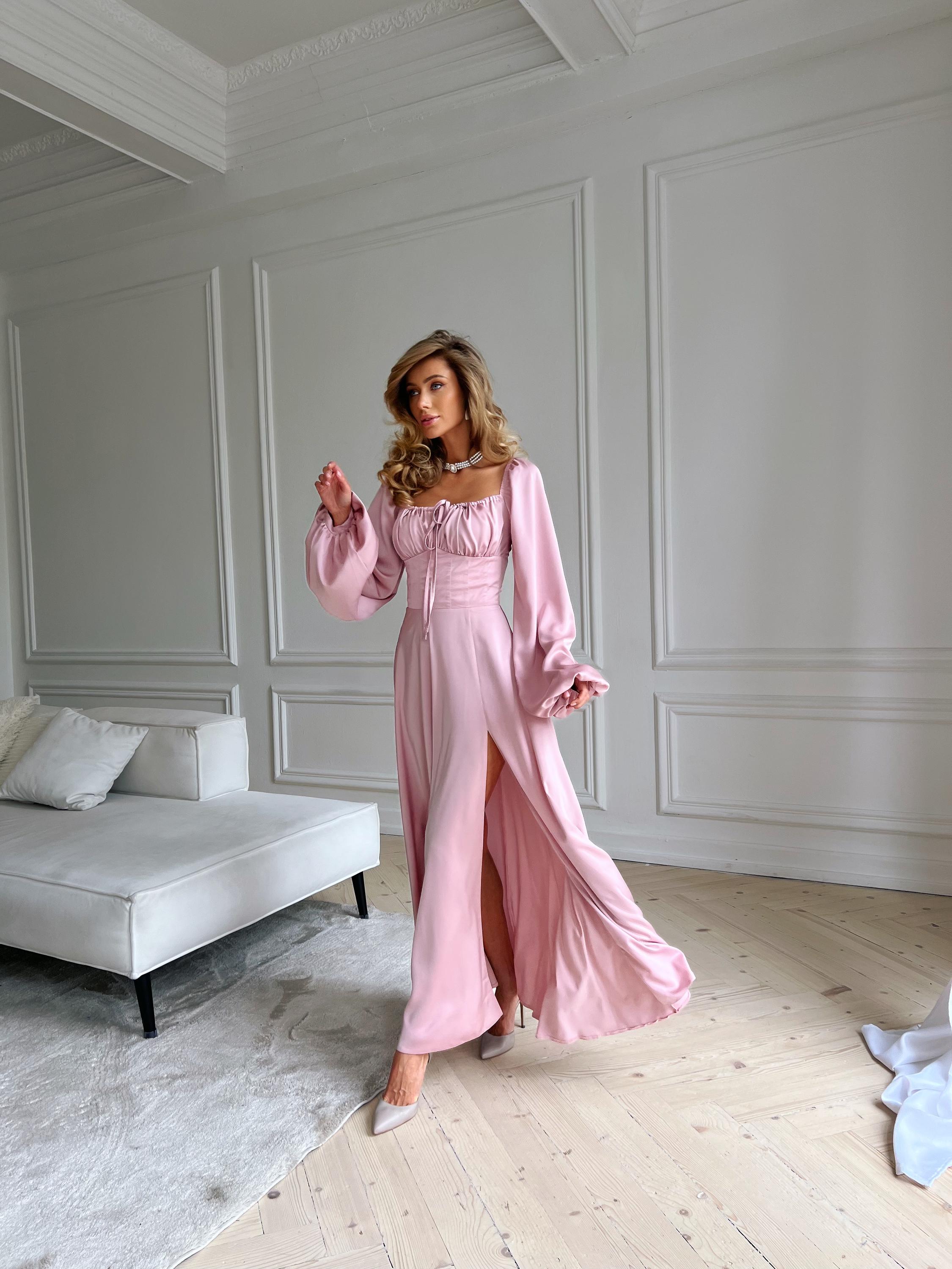 silk pink dress long Light Pink Satin Long Dress With Beaded Lace Appliqu