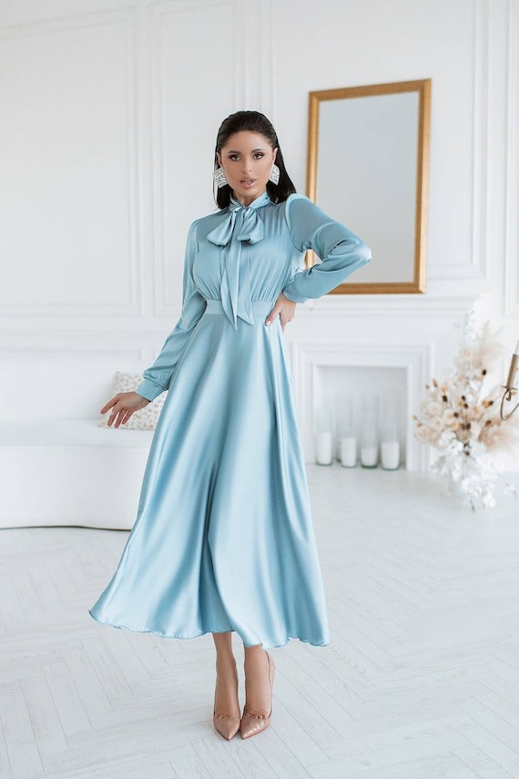 Light Blue Silk Midi Dress, Silk Modest Dress for Women, Blue Silk Long  Dress With Long Sleeves, Modest Engagement Dress - Etsy