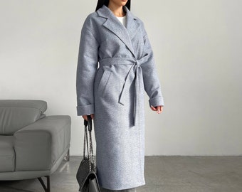 Light Grey Long Winter Coat for Women, Wool Wrap Winter Coat with Belt for women, Elegant and Classy Long Wool Coat Womens