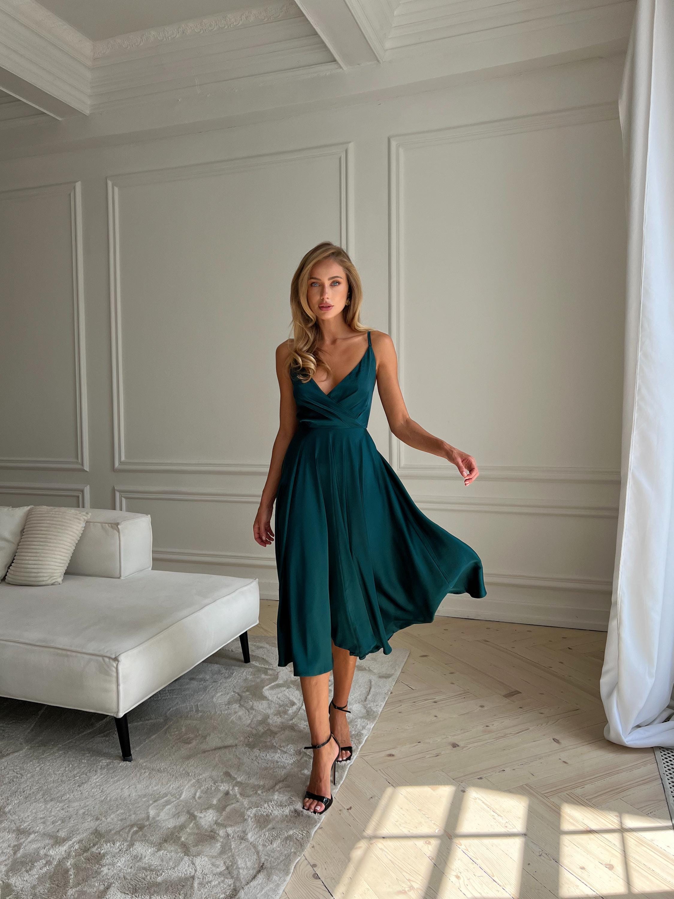 Emerald Green Silk Slip Dress, Open Back Midi, Wedding Guest