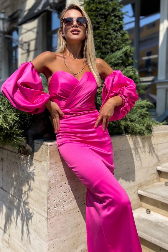 strapless open back dress Smiley Puff Sleeve Satin Midi Dress ‍ Mermaid Way, Pink / L main image 0