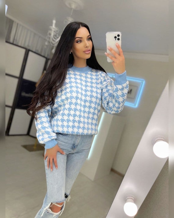 blue houndstooth sweater