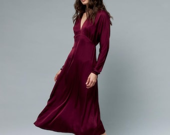 Burgundy Satin Midi Dress with Deep V-Neck and Long Sleeves