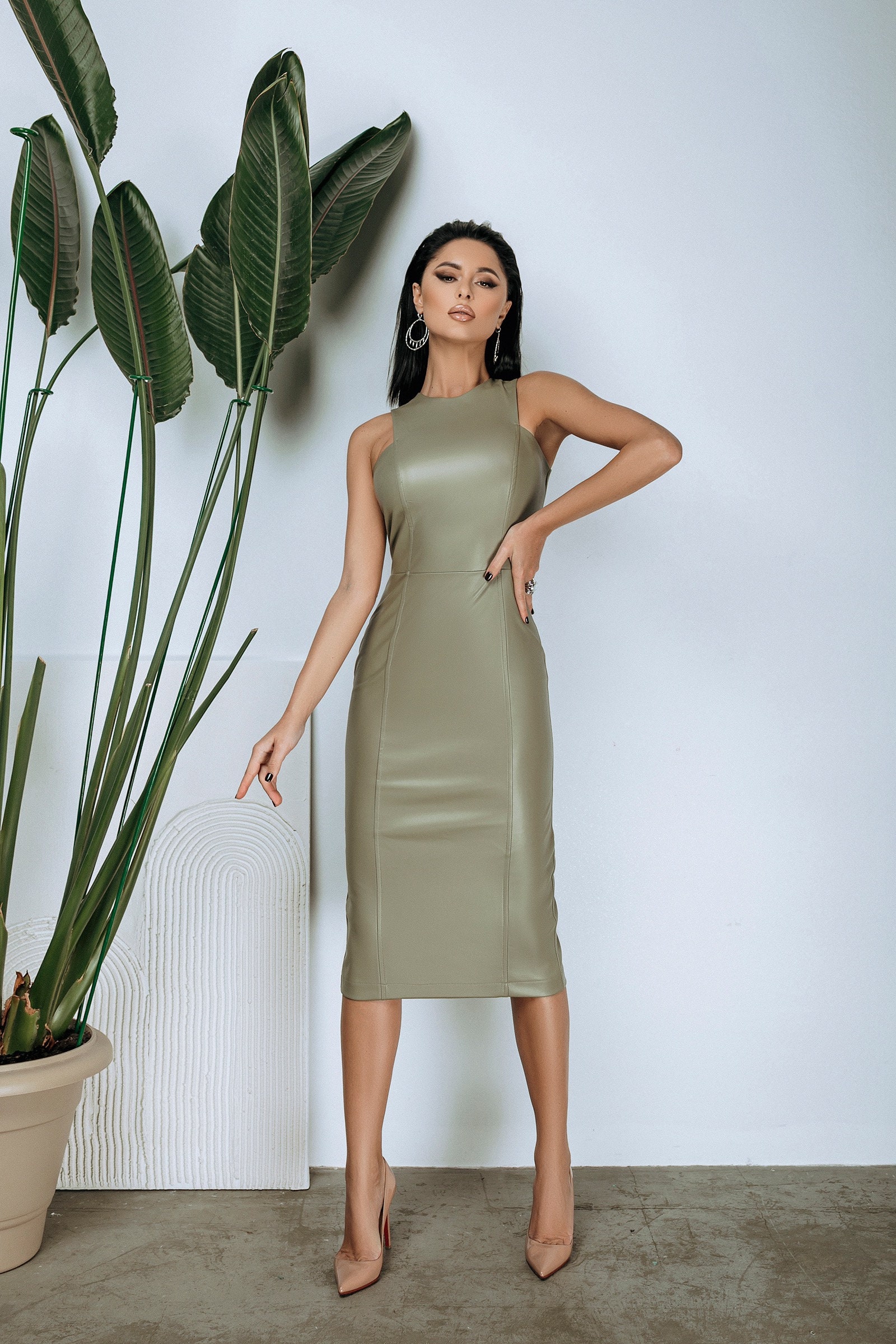 Olive green leather clearance dress
