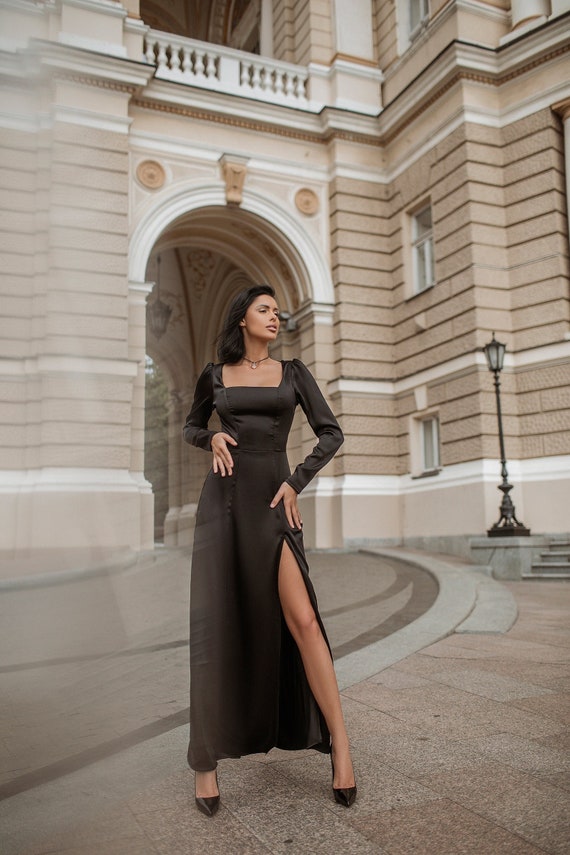 Black Maxi Satin Dress With High Side Slit, Women Floor-long Satin Dress  With Long Sleeves, Square Neck Maxi Dress Satin, Satin Modest Dress 