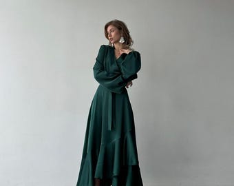 Emerald Green Silk True Wrap Maxi Dress with Long Bishop Sleeves Emerald Silk Wrap Wedding Guest Gown, Kentucky Derby Dress