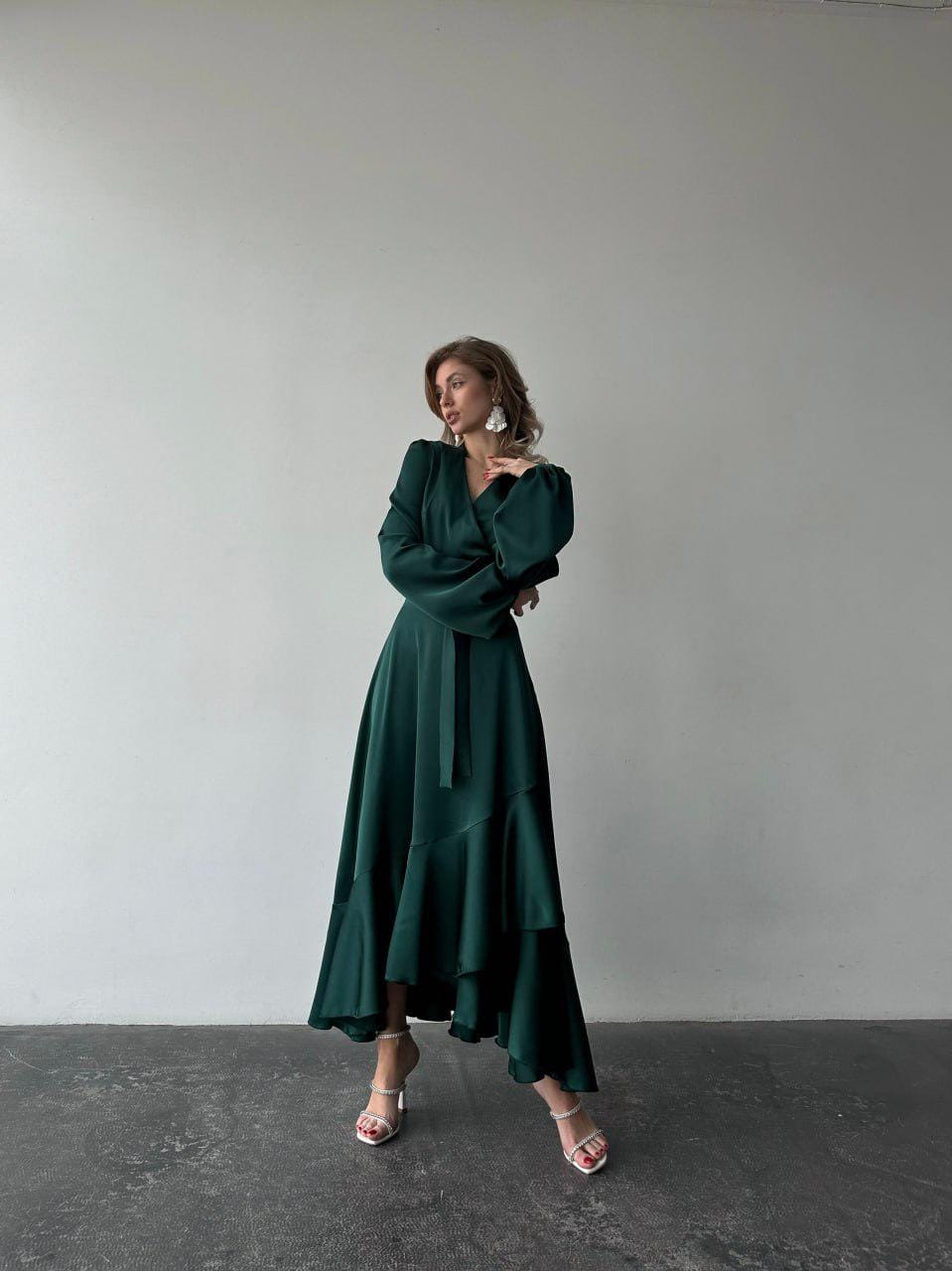 Emerald Green Silk True Wrap Maxi Dress with Long Bishop Sleeves Emerald Silk Wrap Wedding Guest Gown, Kentucky Derby Dress