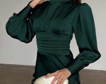 Emerald Green Satin Midi Dress with High Neck, Long Sleeve Modest Evening Dress