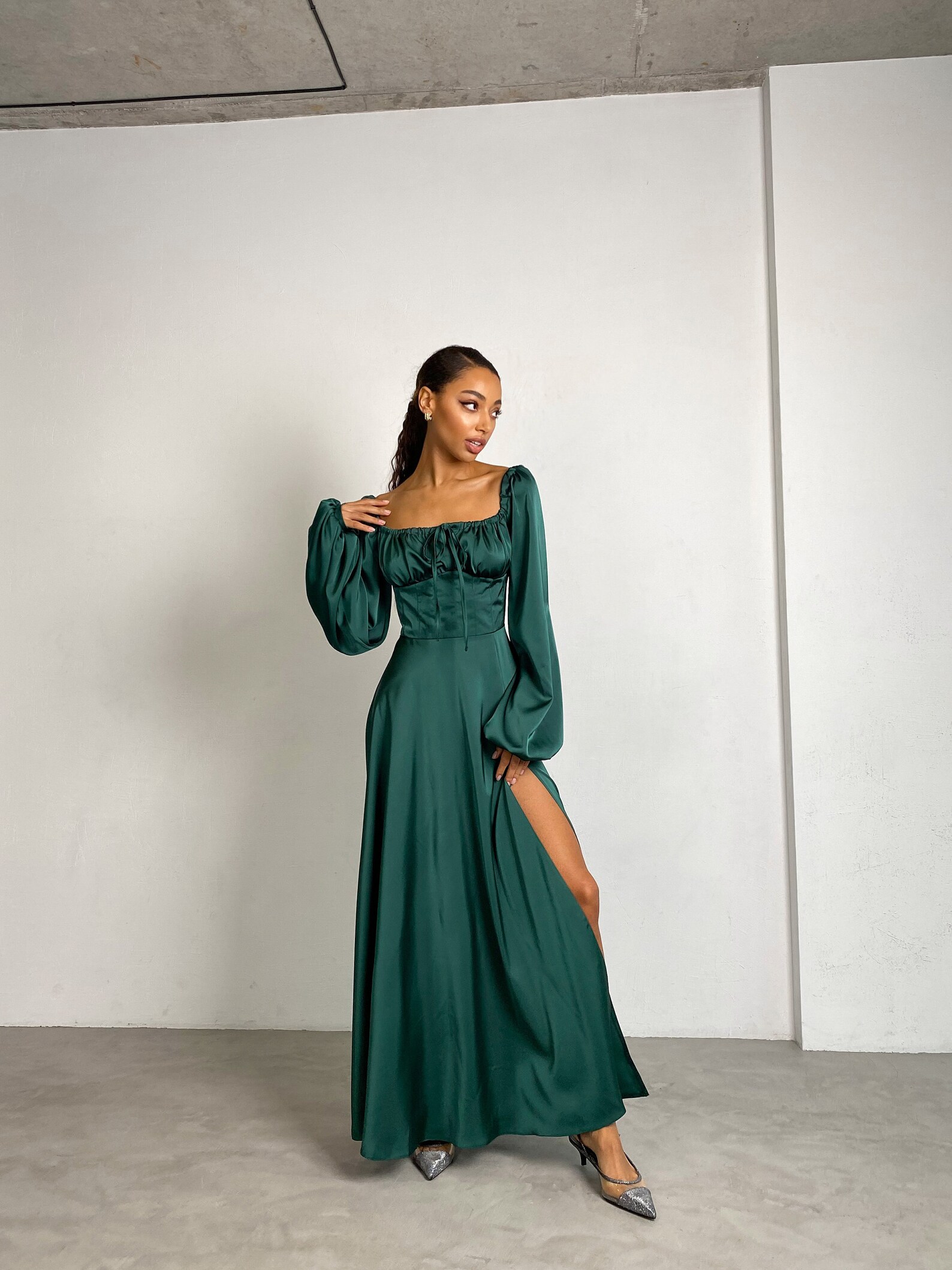 emerald green dress boutique Satin Off The Shoulder Maxi Dress - Emerald Green main image 0