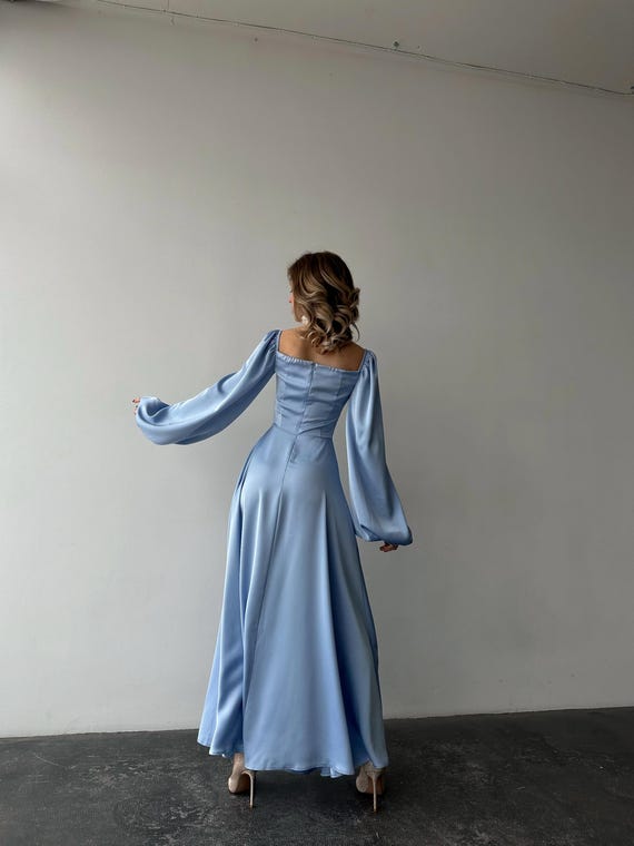 Light Blue Satin Maxi Dress with Bishop Sleeves and Side Slit