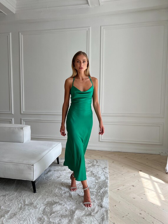 Grass Green Silk Slip Midi Dress Cowl Neck Open Back - Etsy Denmark Grass Green Silk Slip Midi Dress Cowl Neck Open Back - Etsy Denmark