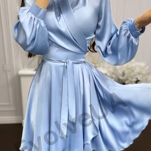 Light Blue Silk Wrap Mini Dress, Wedding Guest Silk Dress, Blue Silk Wrap Dress for Special Occasions