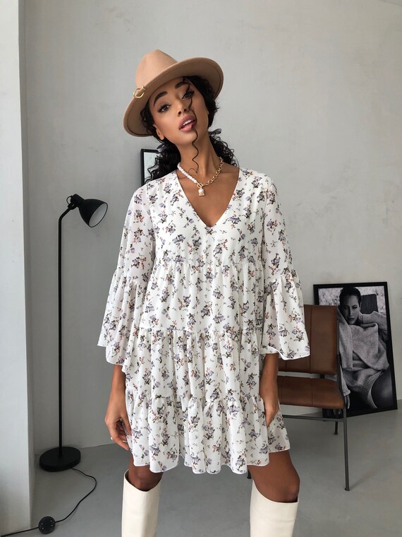 White Floral Babydoll Dress for Women 