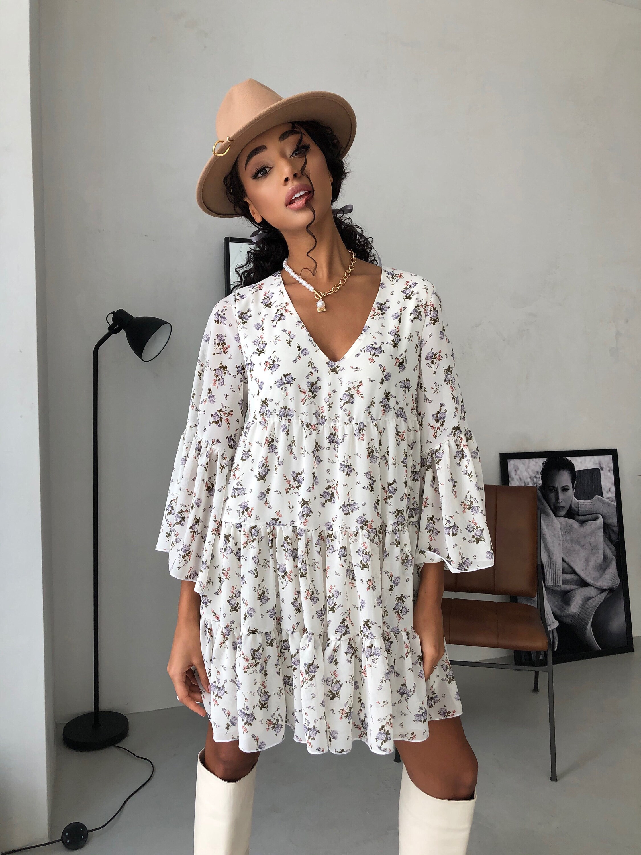 White Floral Babydoll Dress for Women 