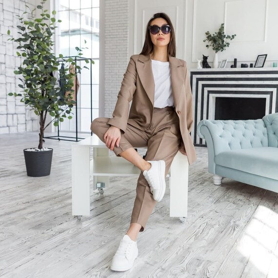 Beige Blazer Pants Suit for Women Beige 