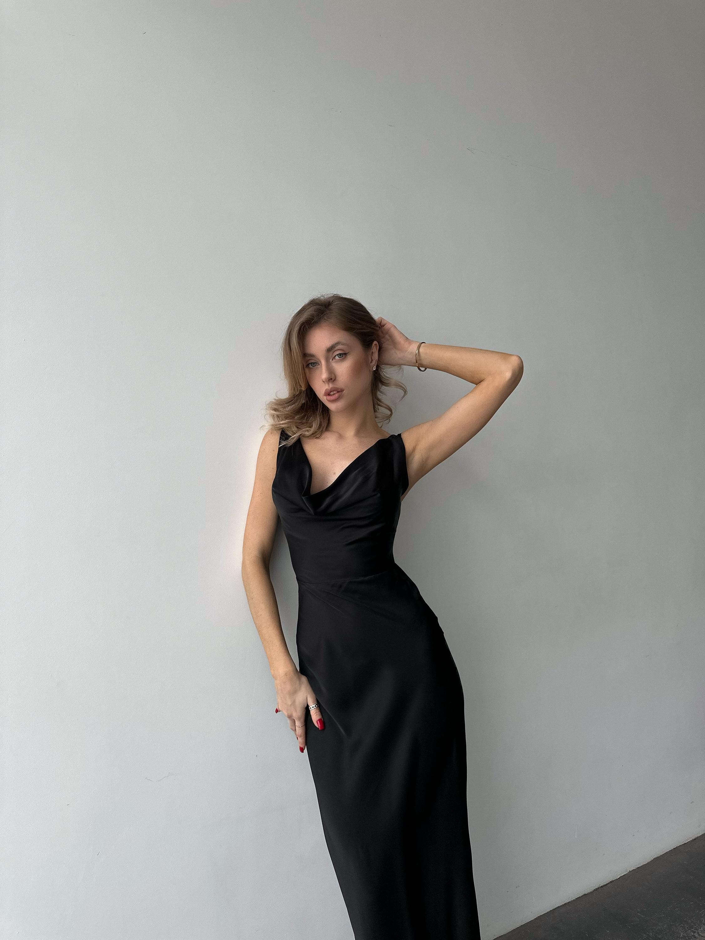 black cowl neck dress Silk Maxi Slip Loose Silhouette Cowl neckline Lace&Tulle Showcase of party wear Color:Black Black