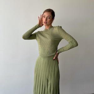 Olive Green Midi Hollow Out Dress with Pleated Skirt, Modest Midi Long sleeves Dress for Women, Knit Modest Dress Casual