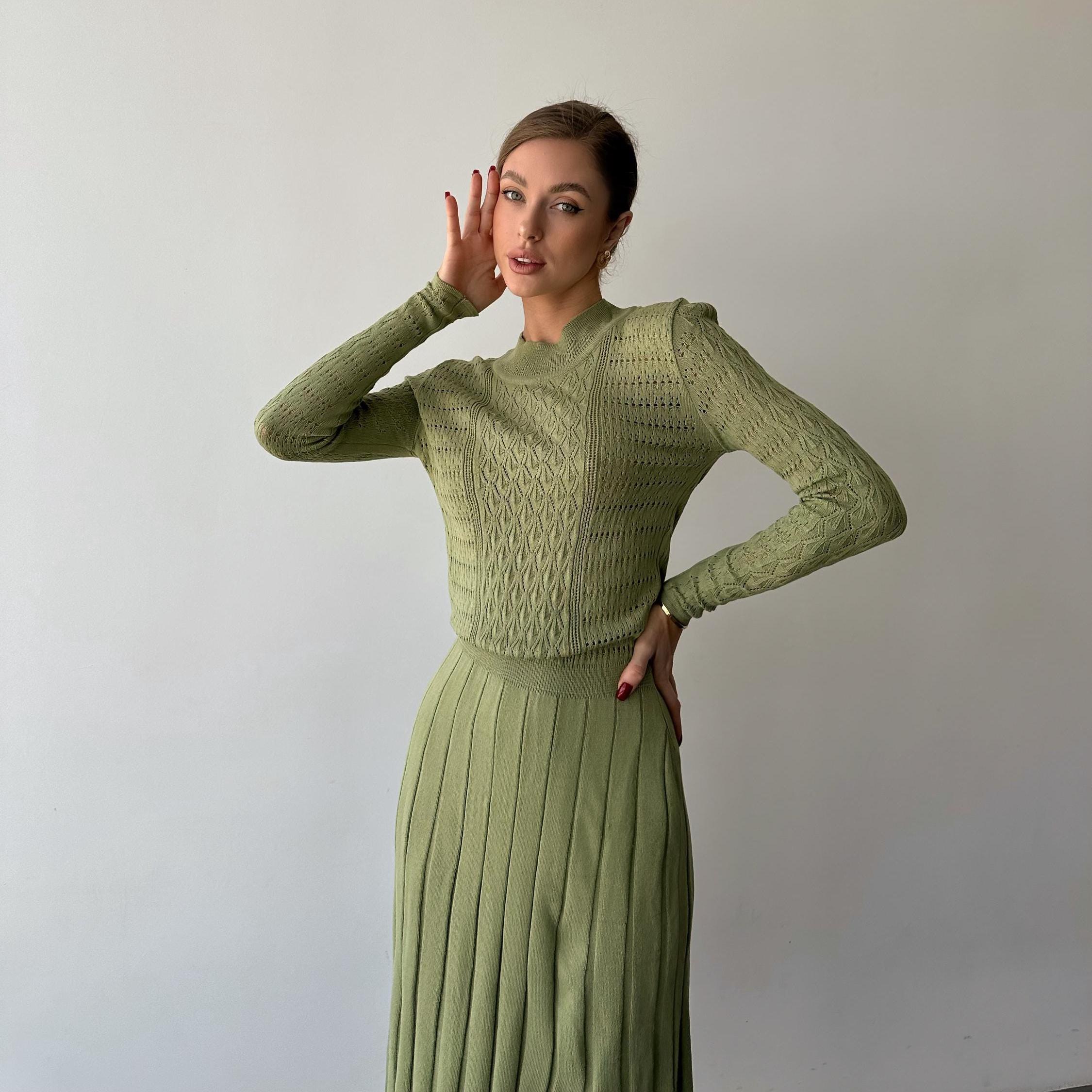 Olive Green Knit Midi Dress, Pleated Skirt, Long Sleeve