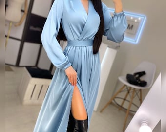 Light Blue Silk Wrap Imitation Midi Dress for Women, Silk Faux Wrap Dress with Long Sleeves, Silk Dress for Wedding Guest