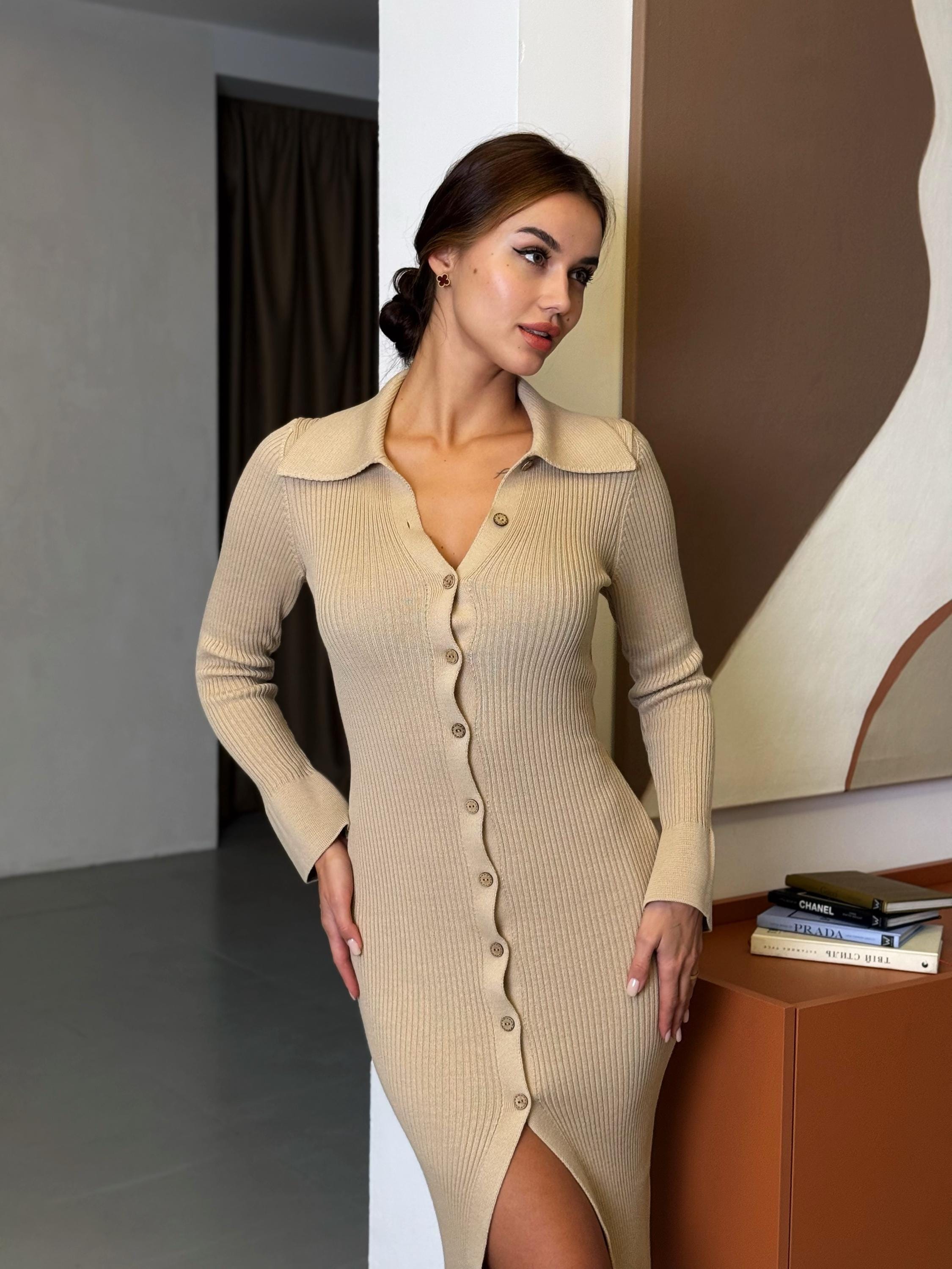 Beige Knit Midi Dress, Cotton Blend Buttoned-Up Dress