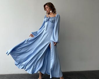 Light Blue Satin Maxi Dress with Bishop Sleeves and Side Slit
